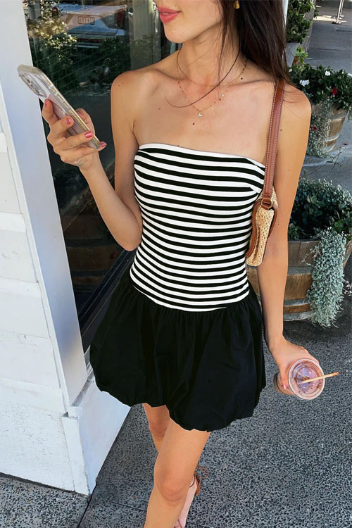 Nonnadress Strapless Striped Patchwork Pleated Mini Dress