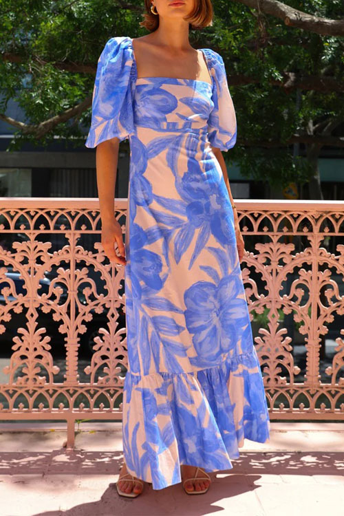 Nonnadress Square Neck Fitted Balloon Sleeve French Long Dress