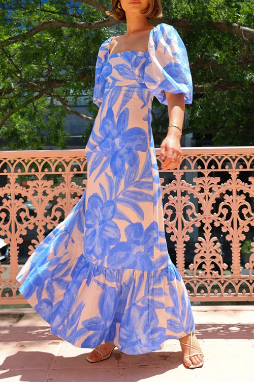 Nonnadress Square Neck Fitted Balloon Sleeve French Long Dress