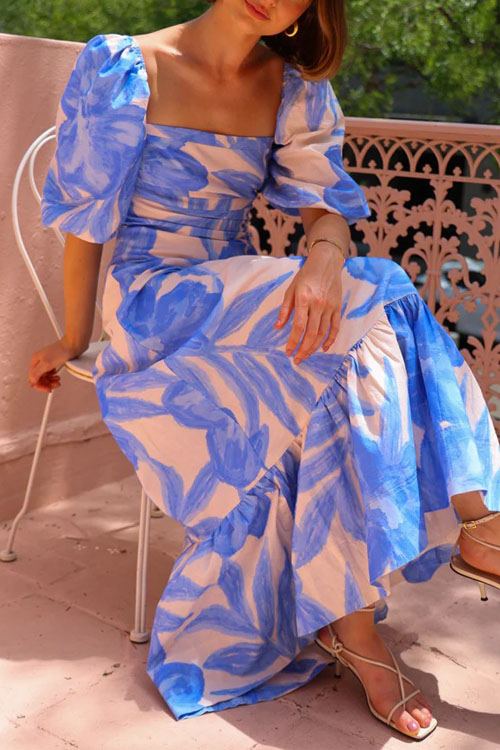 Nonnadress Square Neck Fitted Balloon Sleeve French Long Dress