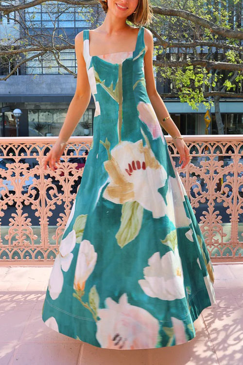 Nonnadress Printed French Square Neck Fitted Flared Long Dress