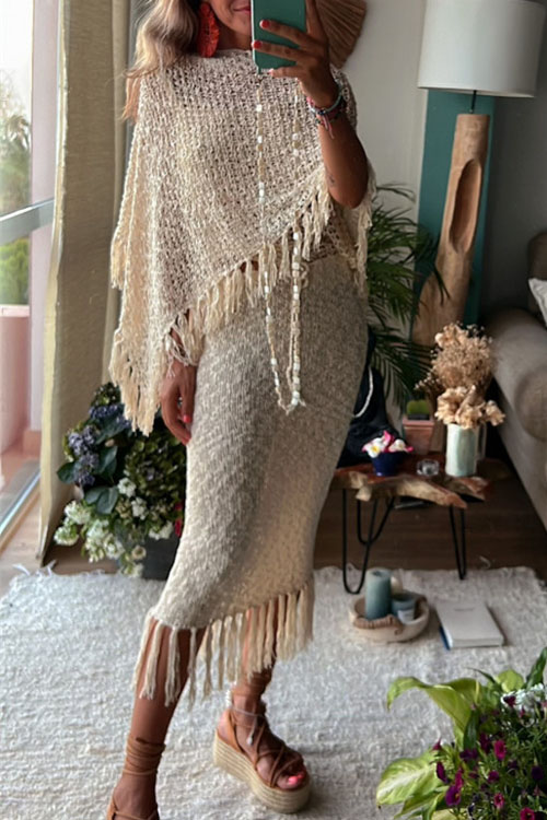 Nonnadress Bat-sleeve fringed knitted sweater pullover cape blouse