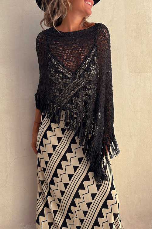 Nonnadress Bat-sleeve fringed knitted sweater pullover cape blouse