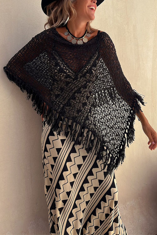 Nonnadress Bat-sleeve fringed knitted sweater pullover cape blouse