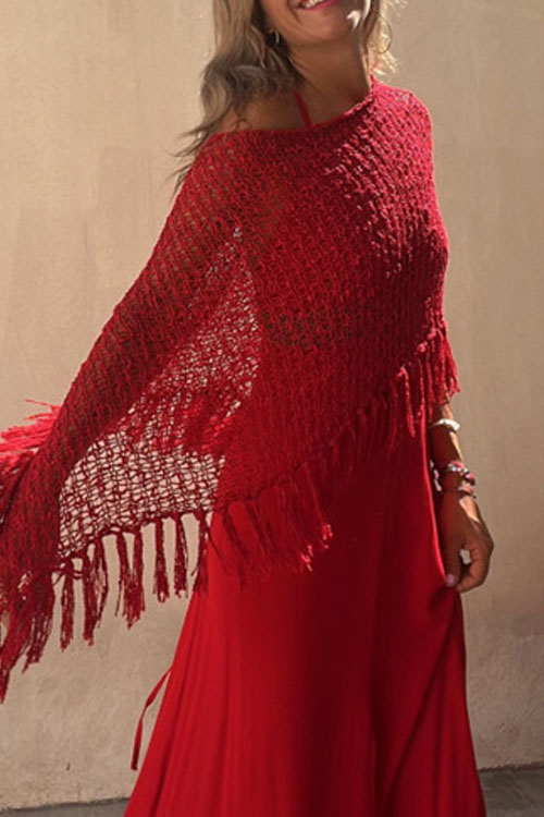 Nonnadress Bat-sleeve fringed knitted sweater pullover cape blouse
