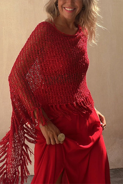 Nonnadress Bat-sleeve fringed knitted sweater pullover cape blouse