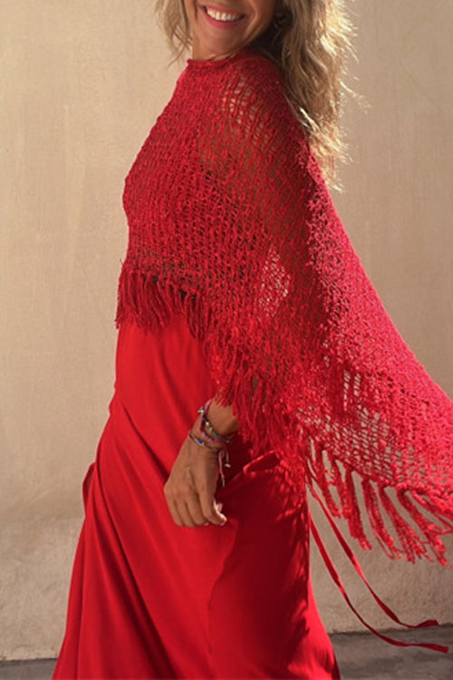 Nonnadress Bat-sleeve fringed knitted sweater pullover cape blouse