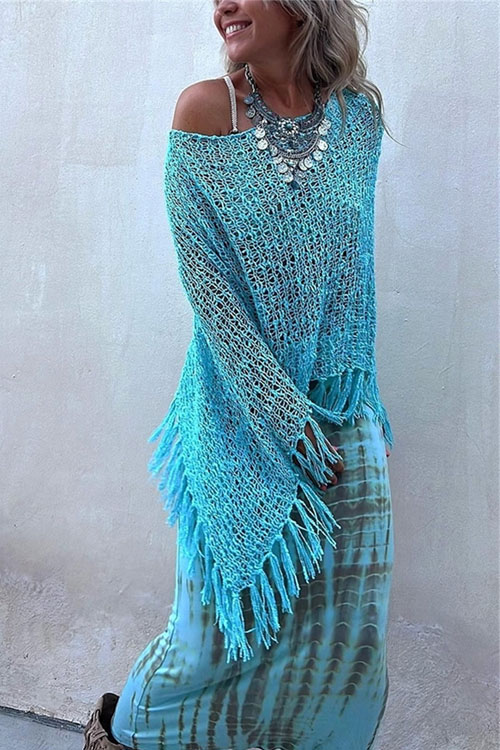 Nonnadress Bat-sleeve fringed knitted sweater pullover cape blouse