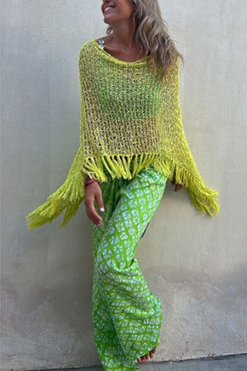 Nonnadress Bat-sleeve fringed knitted sweater pullover cape blouse