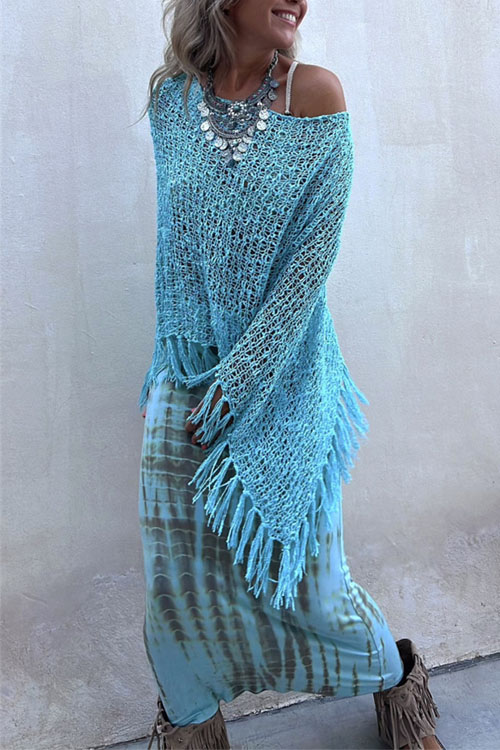 Nonnadress Bat-sleeve fringed knitted sweater pullover cape blouse