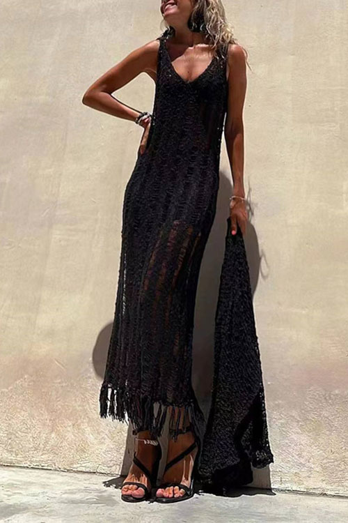 Nonnadress fringed cutout pullover Maxi long knitted dress