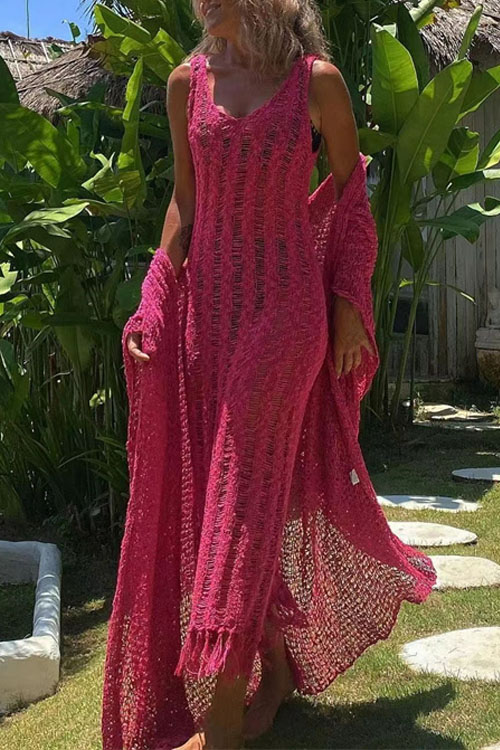 Nonnadress fringed cutout pullover Maxi long knitted dress