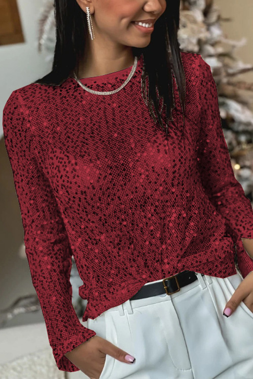 Nonnadress Sequined mesh long-sleeved slimming round neck top