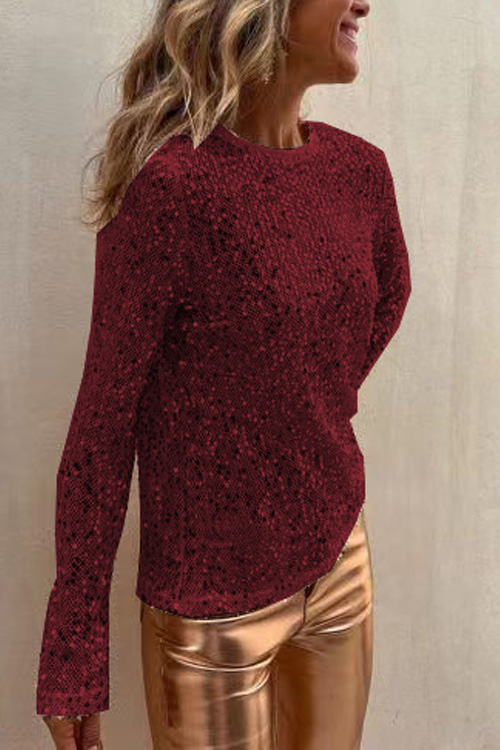 Nonnadress Sequined mesh long-sleeved slimming round neck top