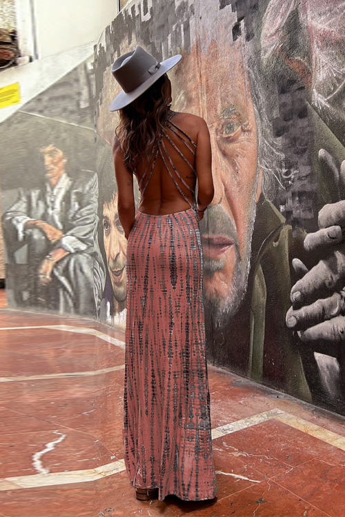 Nonnadress striped print backless crossover dress