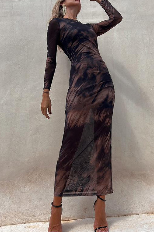 Kathiadress Mesh  Printed Slim Fit Stretch Long Sleeve Dress