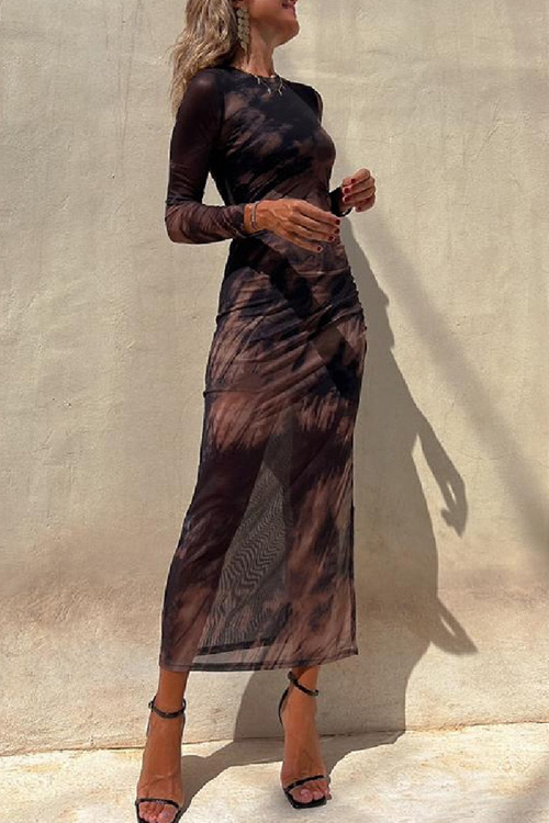 Kathiadress Mesh  Printed Slim Fit Stretch Long Sleeve Dress