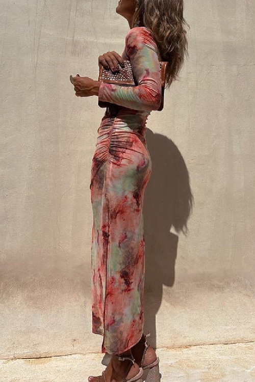 Kathiadress Mesh  Printed Slim Fit Stretch Long Sleeve Dress