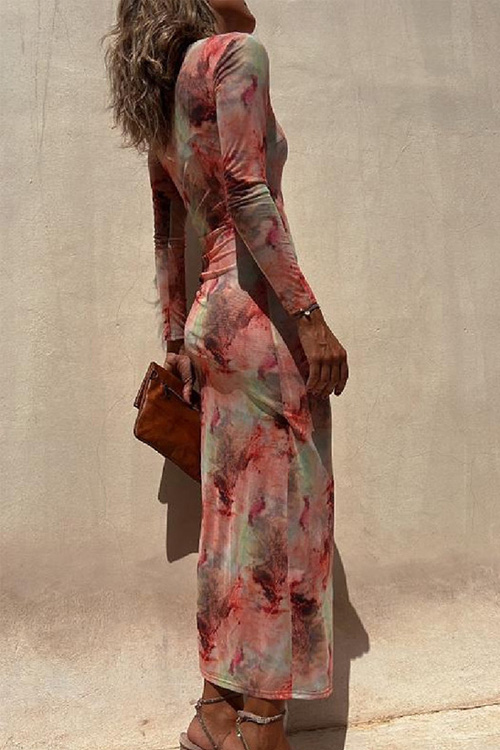 Kathiadress Mesh  Printed Slim Fit Stretch Long Sleeve Dress