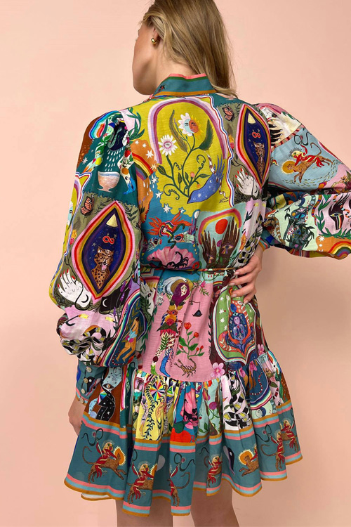 Nonnadress Long sleeve printed strappy cotton and linen pleated dress