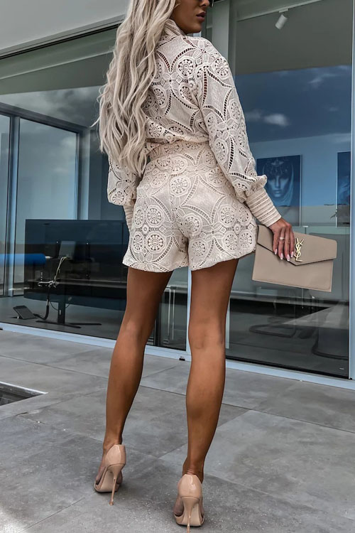 Nonnadress  Solid Single Breasted Stand Collar Lace Shorts Set