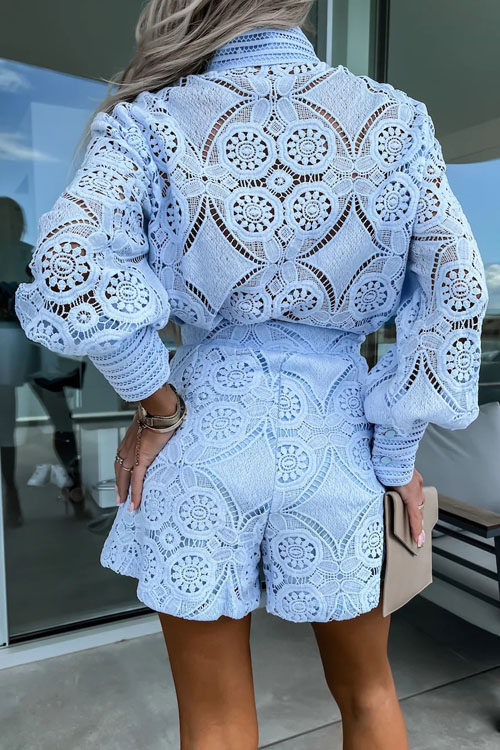 Nonnadress  Solid Single Breasted Stand Collar Lace Shorts Set