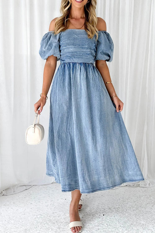 Kathiadress  One shoulder puff sleeve waisted denim dress