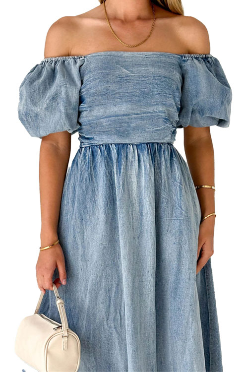 Kathiadress  One shoulder puff sleeve waisted denim dress