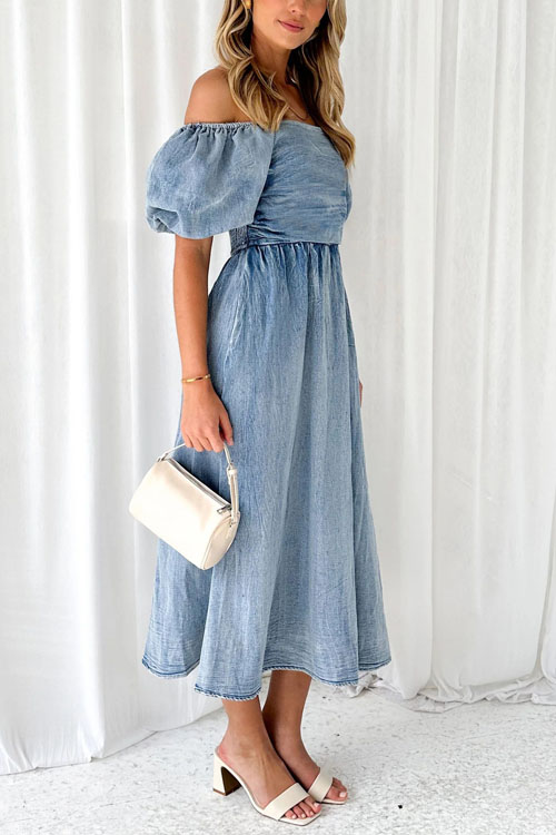 Kathiadress  One shoulder puff sleeve waisted denim dress