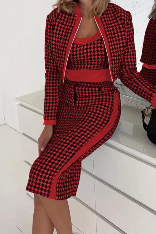 Nonnadress Sweet slim fit  printed long-sleeved jacket, vest and skirt three-piece suit