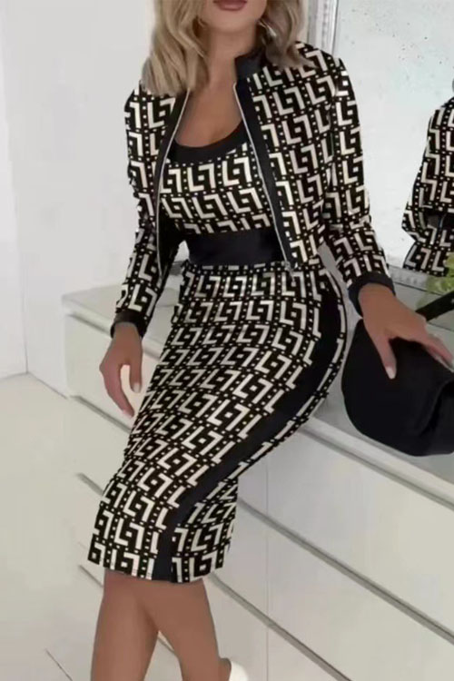 Nonnadress Sweet slim fit  printed long-sleeved jacket, vest and skirt three-piece suit