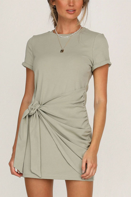 Kathiadress Fashionable hem lace-up solid color short-sleeved dress