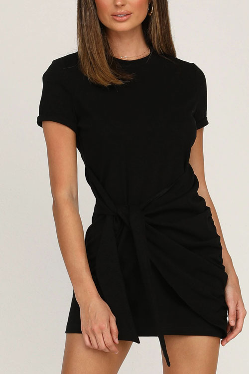 Kathiadress Fashionable hem lace-up solid color short-sleeved dress