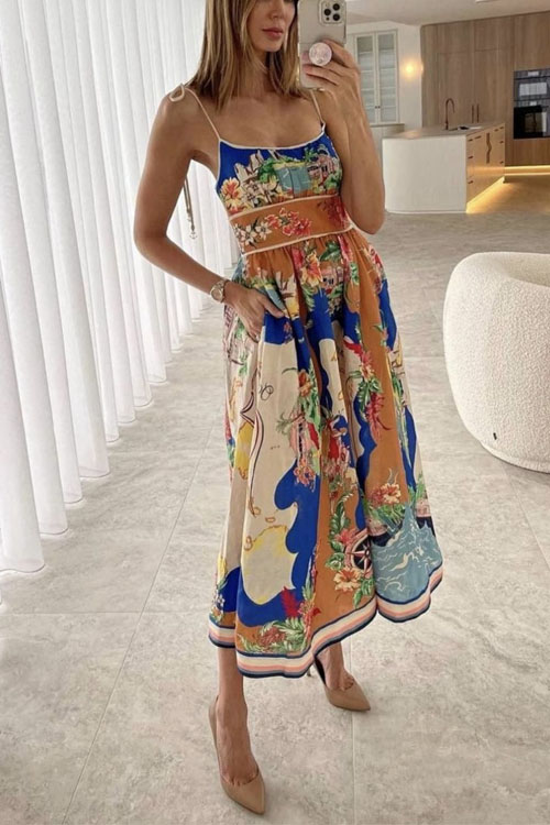 Spring Summer New Halter Printed Pockets INS Casual Loose Holiday Dress