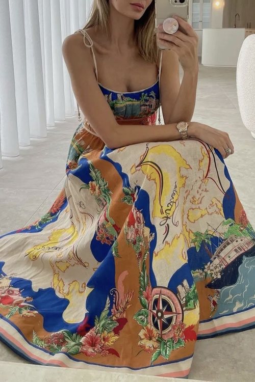 Spring Summer New Halter Printed Pockets INS Casual Loose Holiday Dress