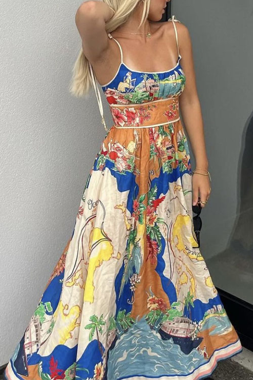 Spring Summer New Halter Printed Pockets INS Casual Loose Holiday Dress