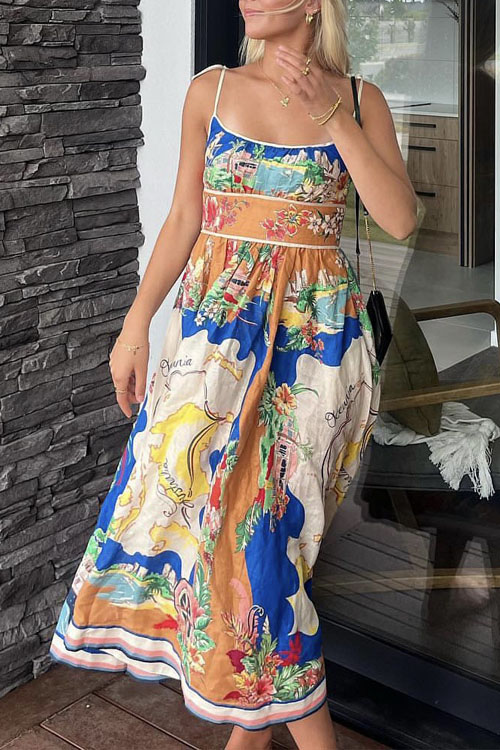 Spring Summer New Halter Printed Pockets INS Casual Loose Holiday Dress