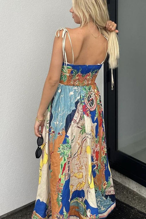 Spring Summer New Halter Printed Pockets INS Casual Loose Holiday Dress