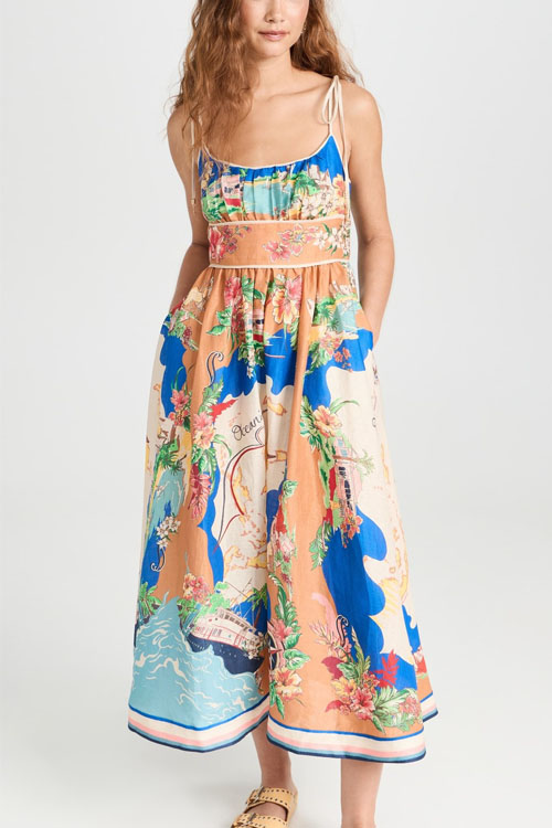 Spring Summer New Halter Printed Pockets INS Casual Loose Holiday Dress