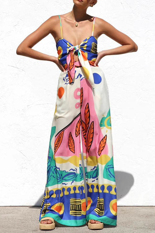Nonnadress Floral Printed Waist-Tie Sleeveless Wide-Leg Straight-Leg Jumpsuit