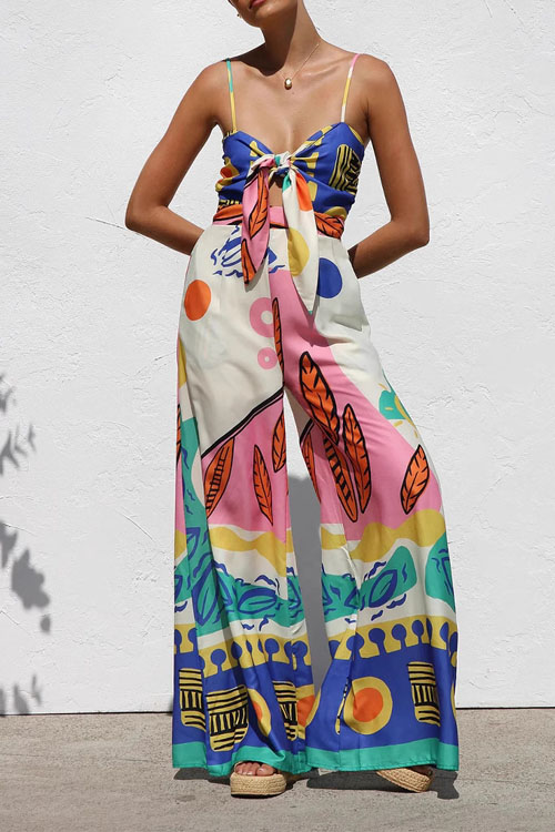 Nonnadress Floral Printed Waist-Tie Sleeveless Wide-Leg Straight-Leg Jumpsuit