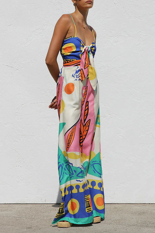Nonnadress Floral Printed Waist-Tie Sleeveless Wide-Leg Straight-Leg Jumpsuit