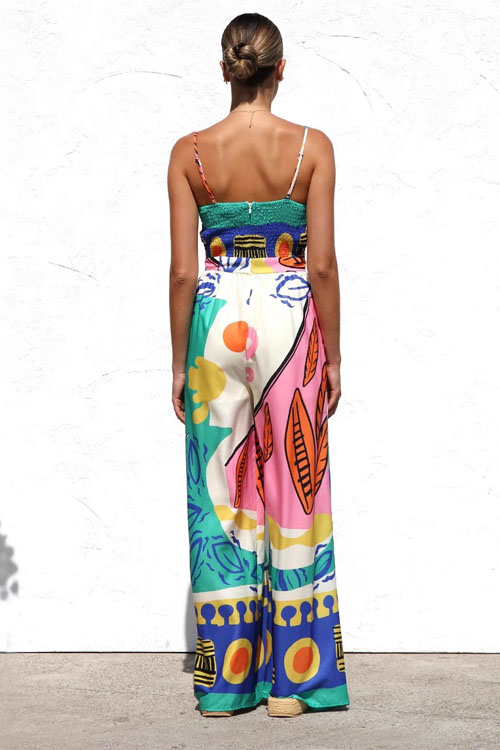Nonnadress Floral Printed Waist-Tie Sleeveless Wide-Leg Straight-Leg Jumpsuit