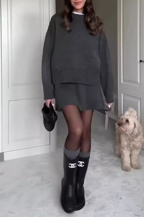 Nonnadress Solid Color Casual Versatile College Style Knitwear Short Skirt Set