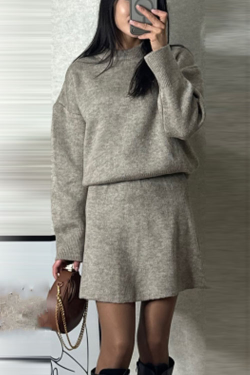 Nonnadress Solid Color Casual Versatile College Style Knitwear Short Skirt Set