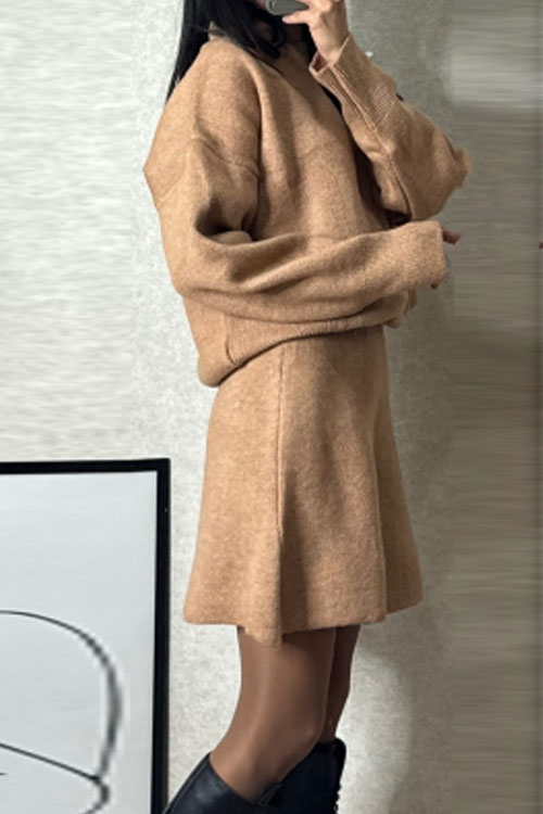 Nonnadress Solid Color Casual Versatile College Style Knitwear Short Skirt Set