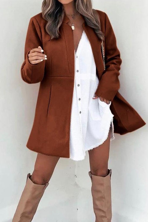 Kathiadress Solid color slimming long sleeve pocket woolen jacket