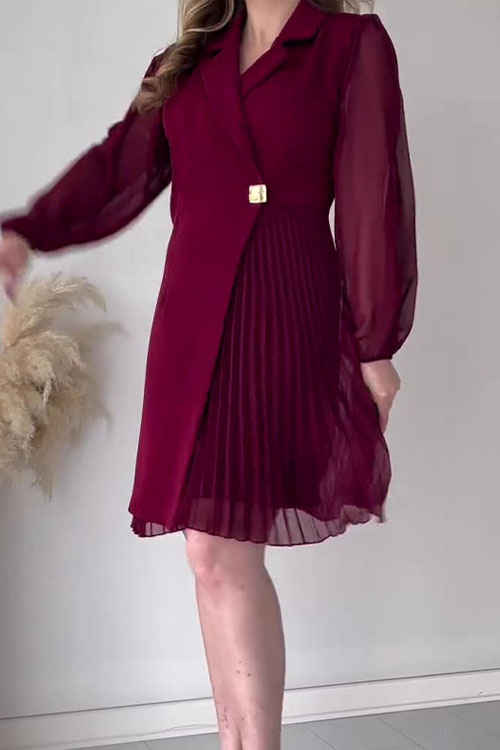 Nonnadress Solid Color Lapel Collar Pleated Long Dress