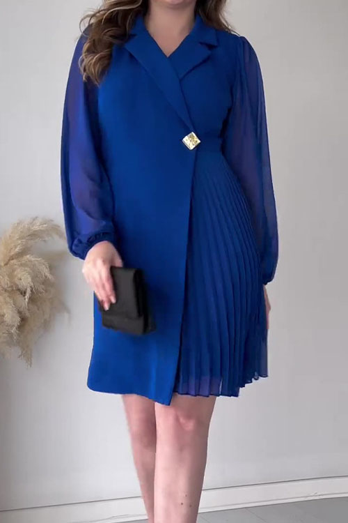 Nonnadress Solid Color Lapel Collar Pleated Long Dress