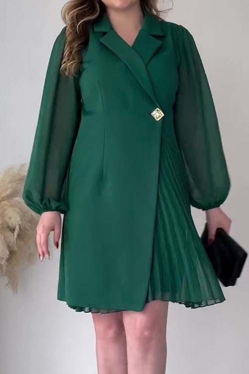 Nonnadress Solid Color Lapel Collar Pleated Long Dress